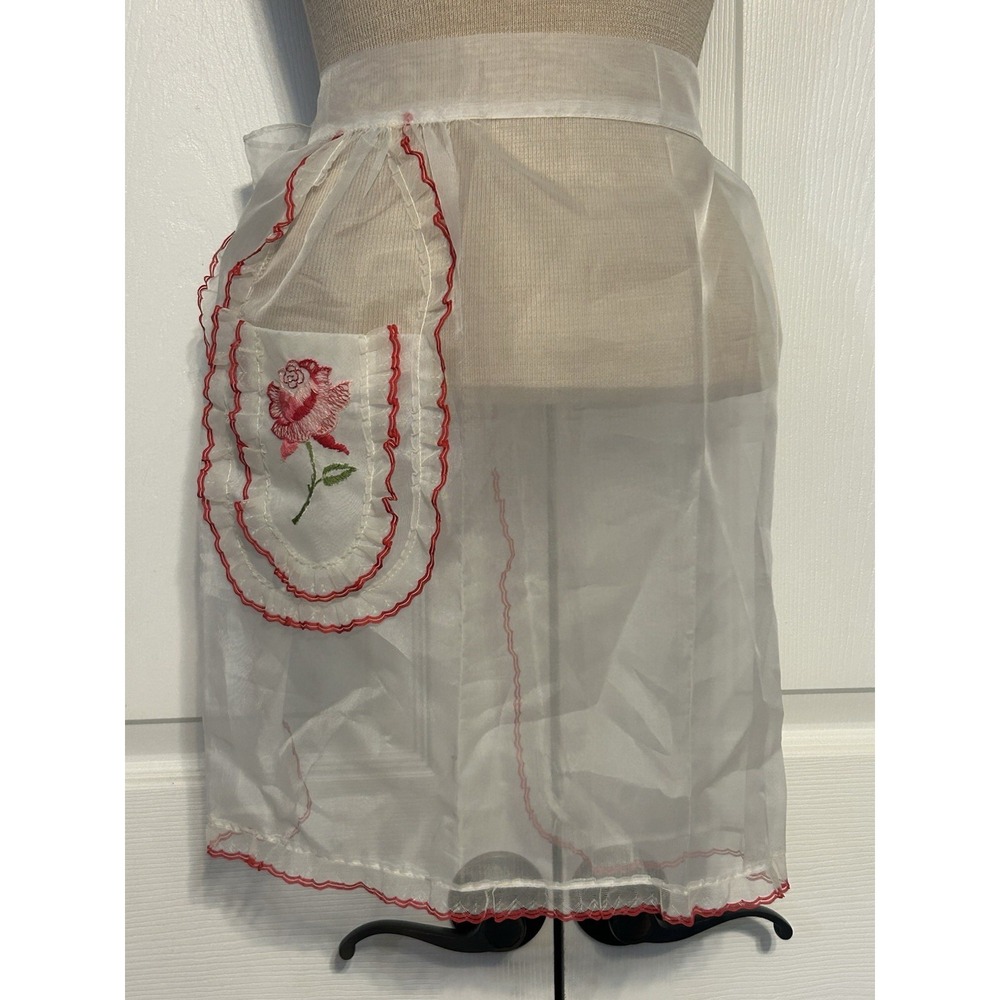 Vintage Handmade Sheer Kitchen Apron Floral‎ Rose White Red Trim